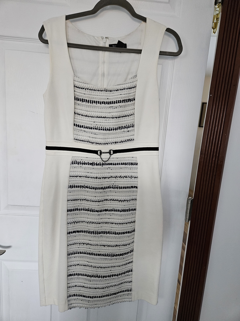 White House Black Market Ivory and Black Sleeveless Midi Sheath Dress